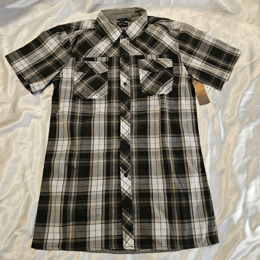 Burnside NWT Short Sleeve Button Up Shirt Black Plaid Young Mens Size Small